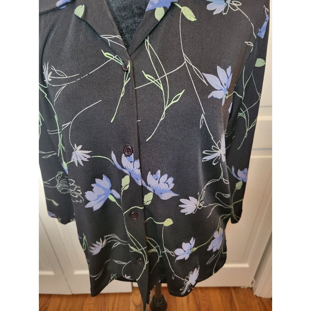 Studio Works Petite Vintage 90's Black Stretchy Floral Button Up PM Whimsygoth - Picture 7 of 9